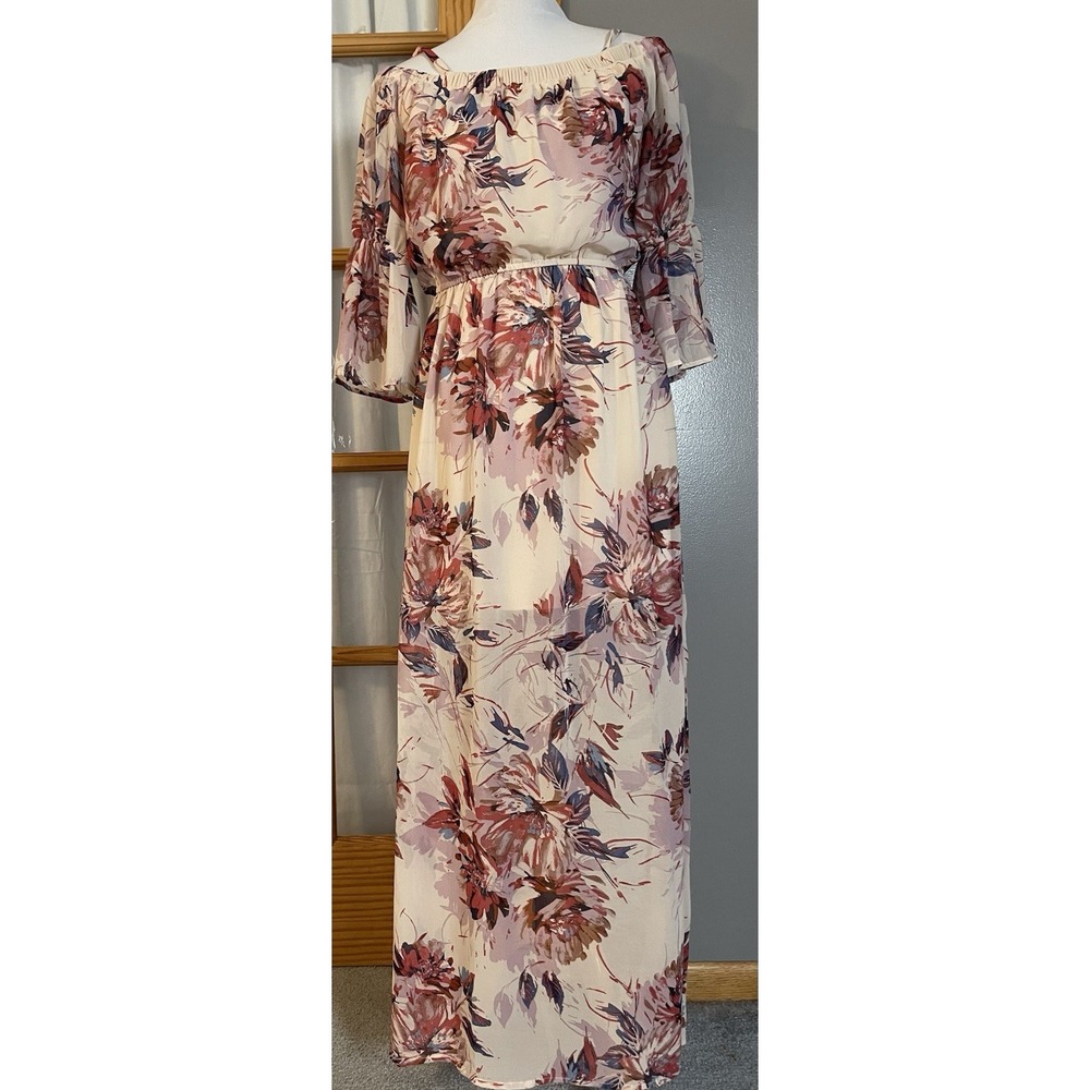 Off The Shoulder Floral Maxi Dress S Pink Red Sheer Spaghetti Strap Boho Beach